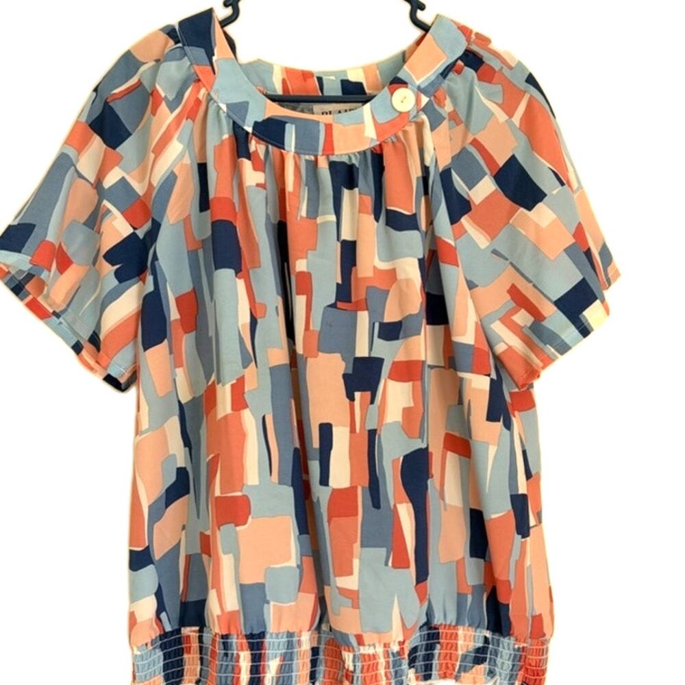 Blair Multicolor Geometric Print Short Sleeve Ruffle Hem Top Women's L